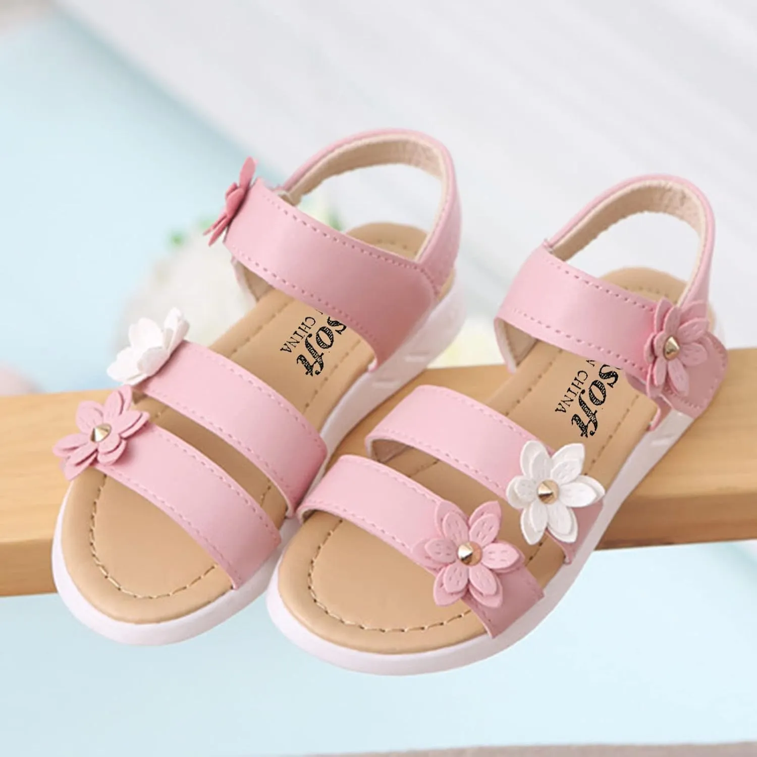 Toddler Little Girls Open Toe Strap Flowers Sandals Summer Beach Non-Slip Shoes Rubber Soft Sole Princess Flats