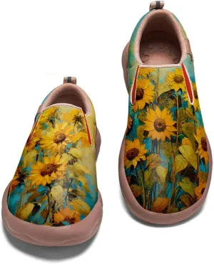 Walking Shoes for Women Slip Ons Casual Leather Loafers Comfortable Art Painted Travel Sneaker Sunflowers
