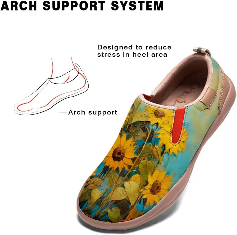 Walking Shoes for Women Slip Ons Casual Leather Loafers Comfortable Art Painted Travel Sneaker Sunflowers