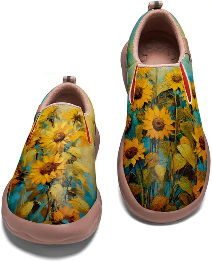 Walking Shoes for Women Slip Ons Casual Leather Loafers Comfortable Art Painted Travel Sneaker Sunflowers