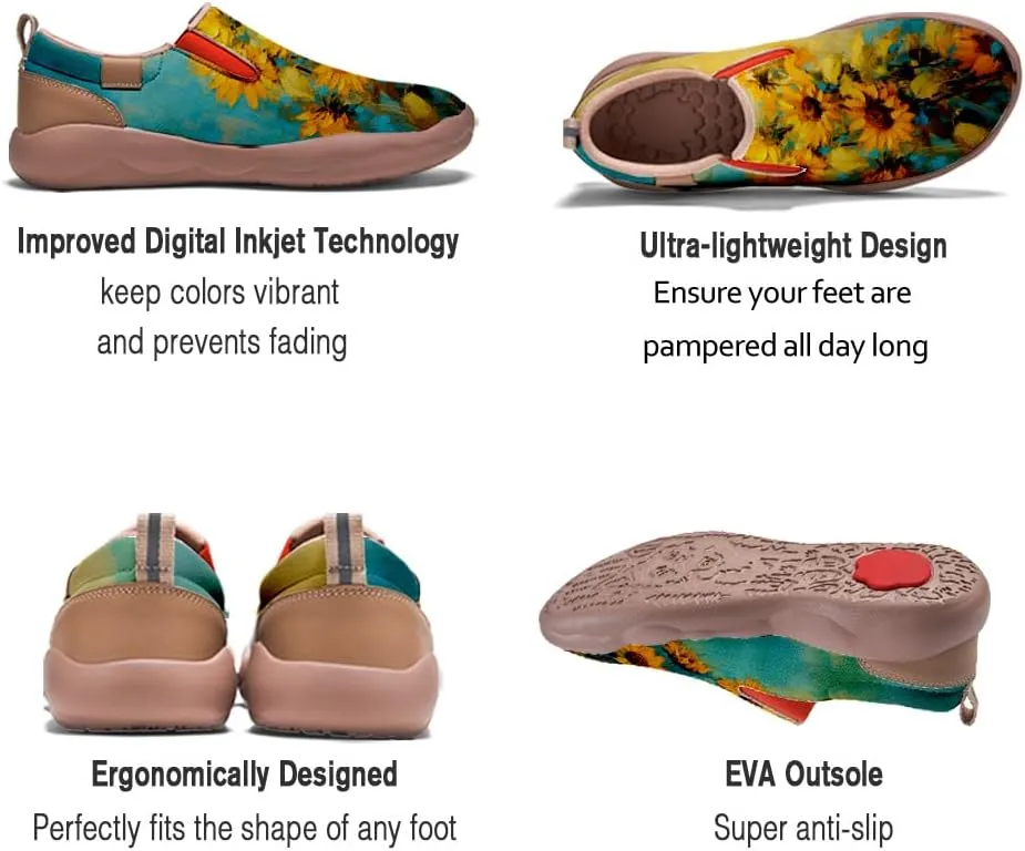 Walking Shoes for Women Slip Ons Casual Leather Loafers Comfortable Art Painted Travel Sneaker Sunflowers