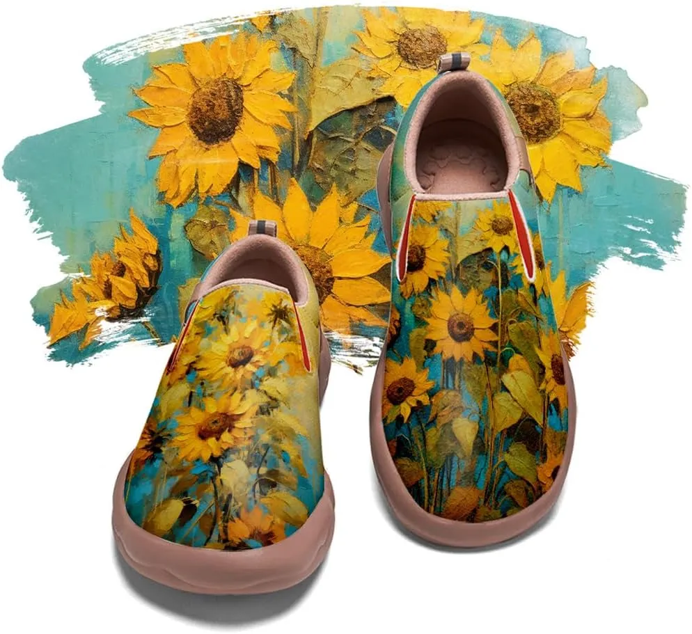 Walking Shoes for Women Slip Ons Casual Leather Loafers Comfortable Art Painted Travel Sneaker Sunflowers
