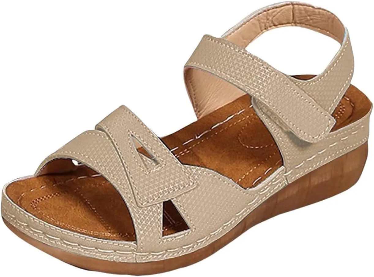 Women Comfortable Sandals Orthotic Walking Sandals Orthopedic Arch Support Sandal Slip On Low Wedge Casual Sandal Adjustable Ankle Strap Concise Casual Summer Shoes