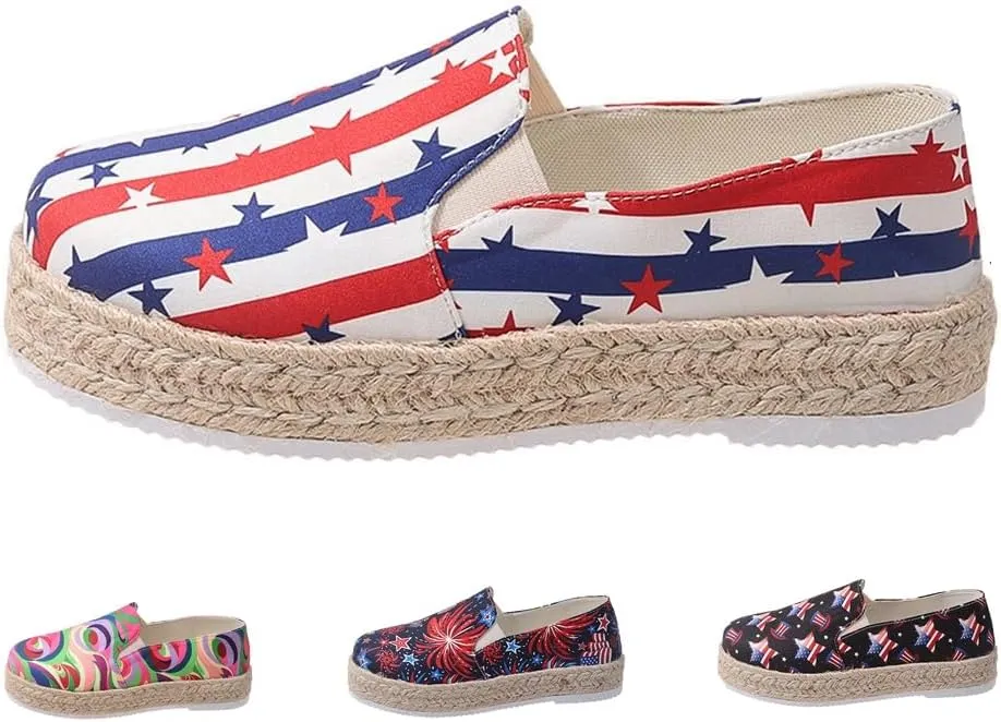 Women's 4th of July Platform SneakersFlag Print Fashion Sports ShoesFlat Casual Canvas Shoes Casual Slip On Platform Shoes
