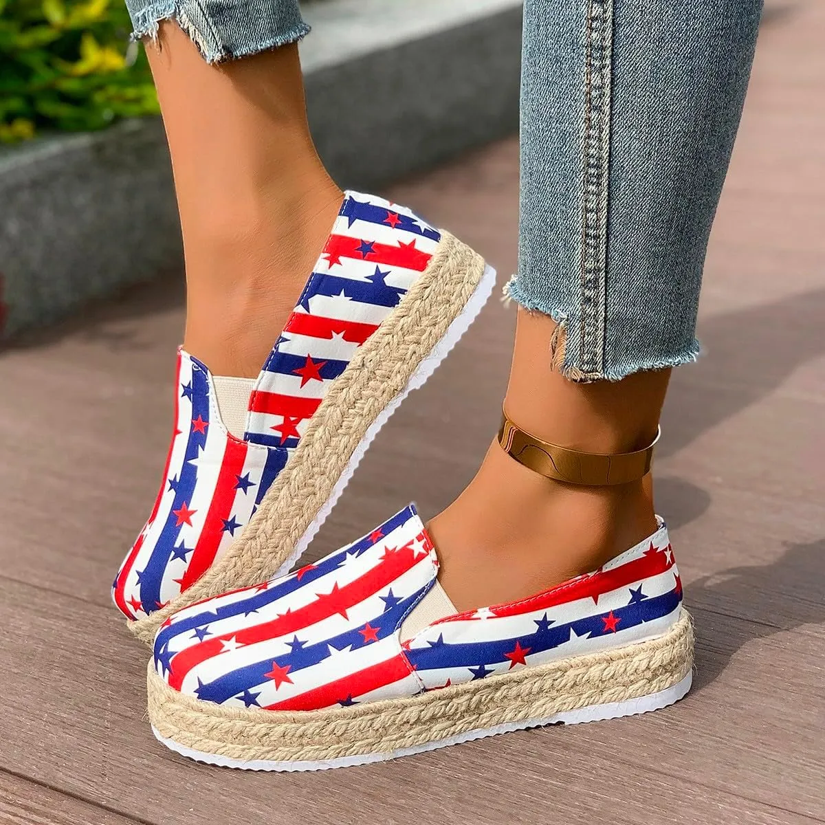 Women's 4th of July Platform SneakersFlag Print Fashion Sports ShoesFlat Casual Canvas Shoes Casual Slip On Platform Shoes