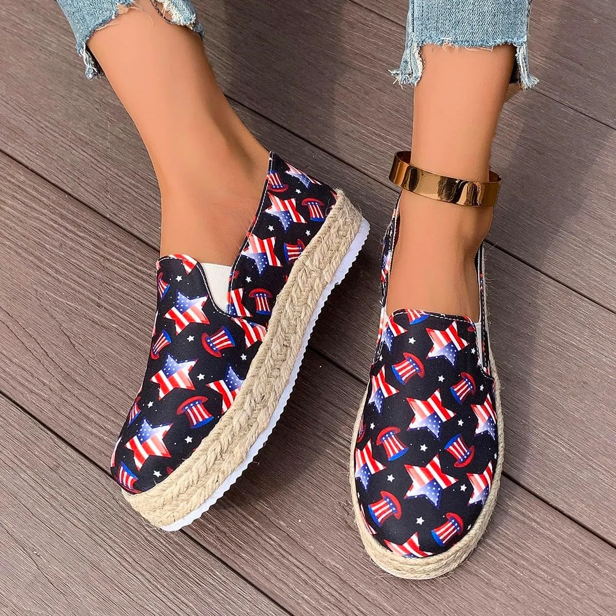 Women's 4th of July Platform SneakersFlag Print Fashion Sports ShoesFlat Casual Canvas Shoes Casual Slip On Platform Shoes