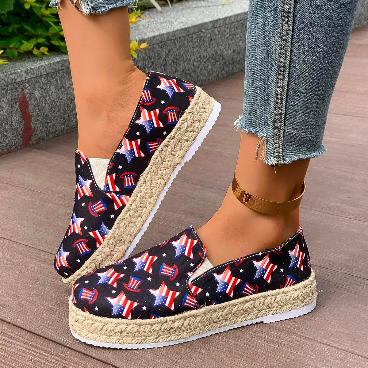 Women's 4th of July Platform SneakersFlag Print Fashion Sports ShoesFlat Casual Canvas Shoes Casual Slip On Platform Shoes