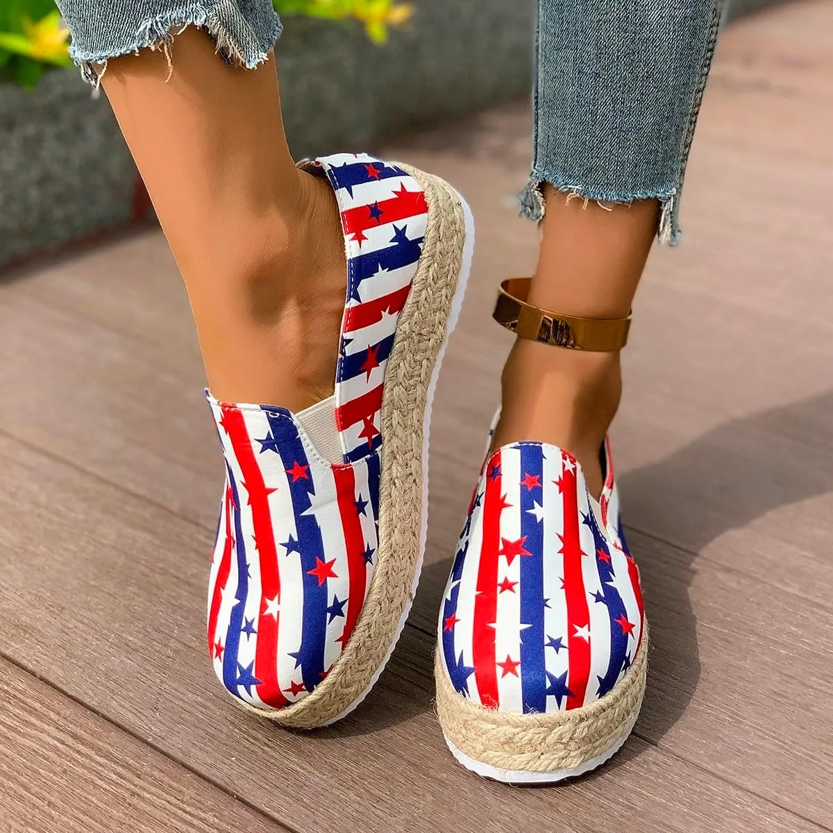 Women's 4th of July Platform SneakersFlag Print Fashion Sports ShoesFlat Casual Canvas Shoes Casual Slip On Platform Shoes