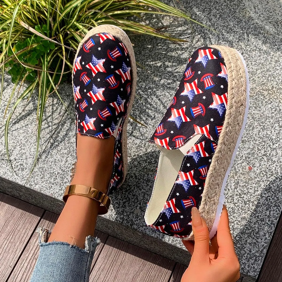 Women's 4th of July Platform SneakersFlag Print Fashion Sports ShoesFlat Casual Canvas Shoes Casual Slip On Platform Shoes