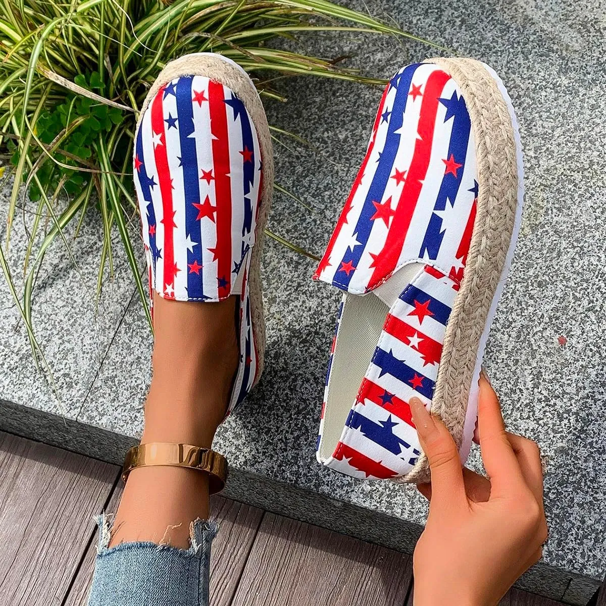 Women's 4th of July Platform SneakersFlag Print Fashion Sports ShoesFlat Casual Canvas Shoes Casual Slip On Platform Shoes