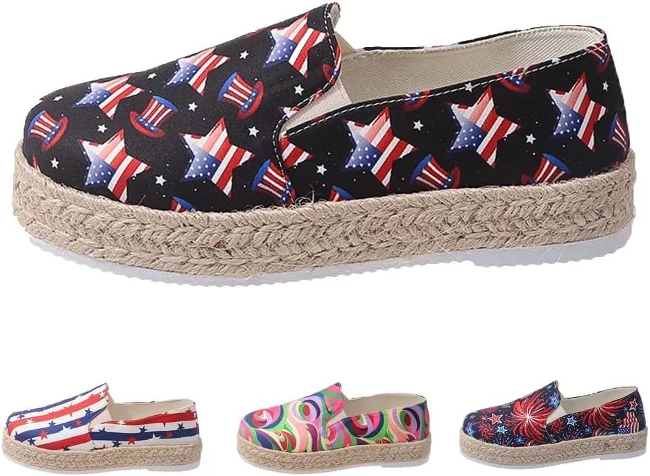 Women's 4th of July Platform SneakersFlag Print Fashion Sports ShoesFlat Casual Canvas Shoes Casual Slip On Platform Shoes