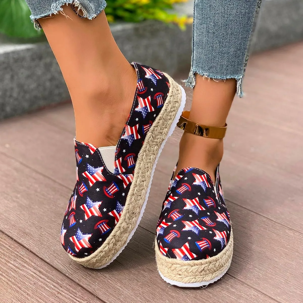 Women's 4th of July Platform SneakersFlag Print Fashion Sports ShoesFlat Casual Canvas Shoes Casual Slip On Platform Shoes