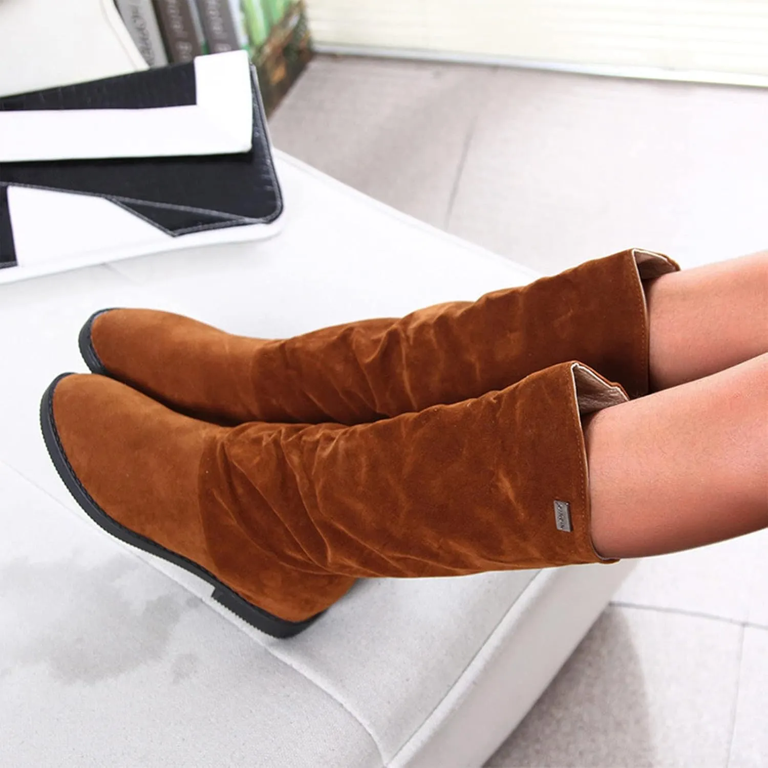 Womens Boots Classic Thick Heel Waterproof Boots for Women Warm Comfortable Soft Leather Mid-Calf Boots