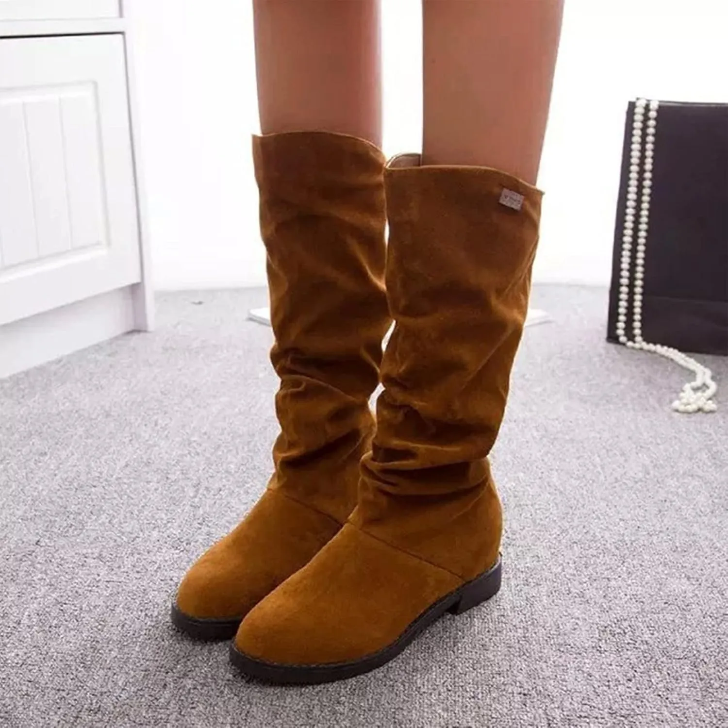 Womens Boots Classic Thick Heel Waterproof Boots for Women Warm Comfortable Soft Leather Mid-Calf Boots