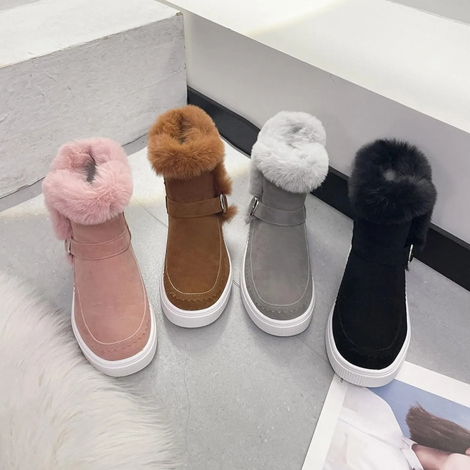 Womens Boots Fuzzy Fur Lined Thick Wedges Fashion Boots for Women Soft Leather Warm Snow Boots for Women