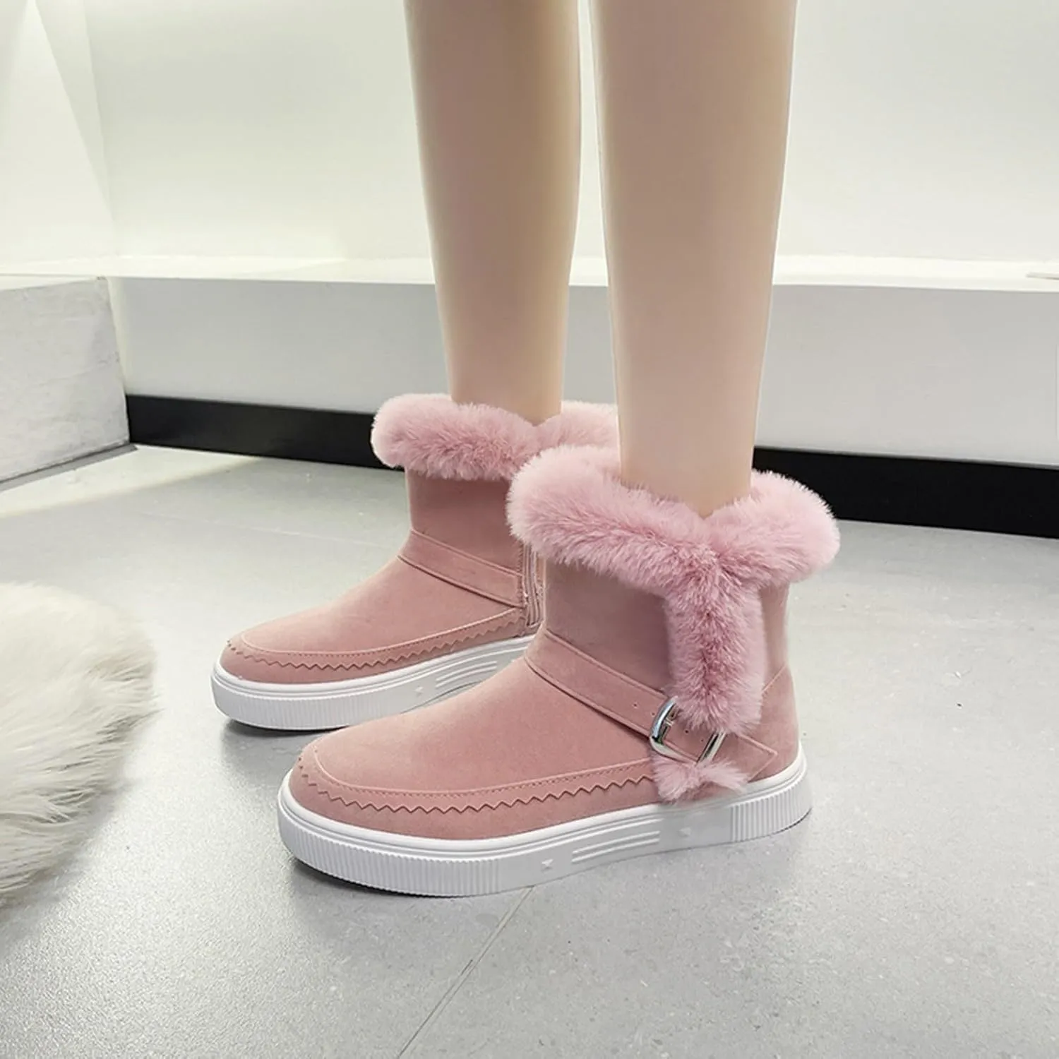 Womens Boots Fuzzy Fur Lined Thick Wedges Fashion Boots for Women Soft Leather Warm Snow Boots for Women