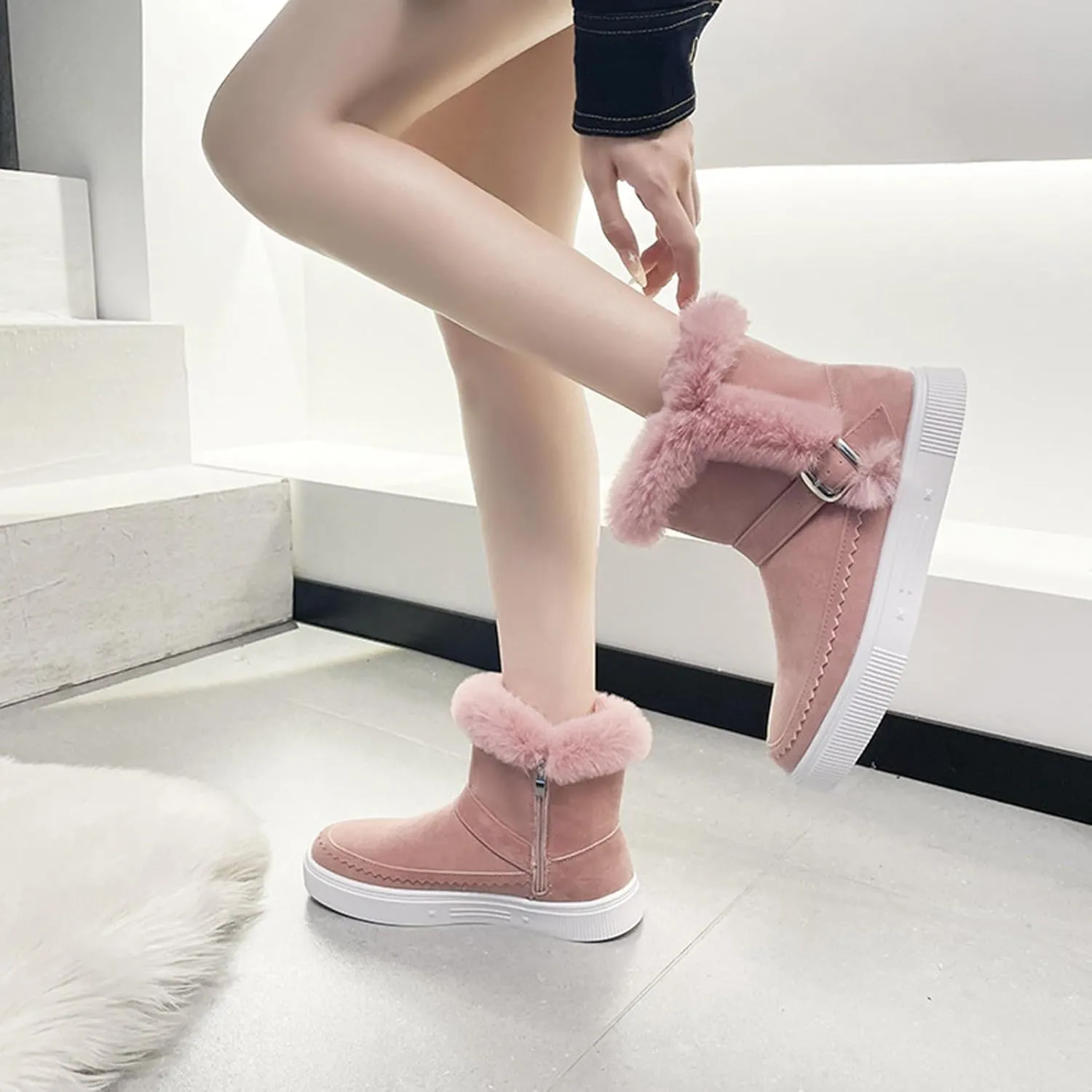 Womens Boots Fuzzy Fur Lined Thick Wedges Fashion Boots for Women Soft Leather Warm Snow Boots for Women