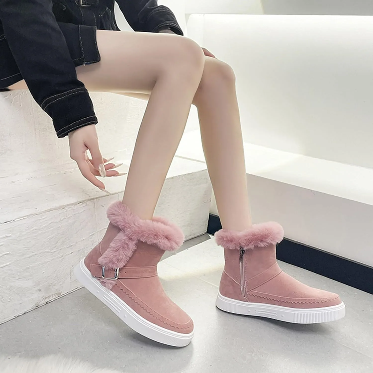 Womens Boots Fuzzy Fur Lined Thick Wedges Fashion Boots for Women Soft Leather Warm Snow Boots for Women