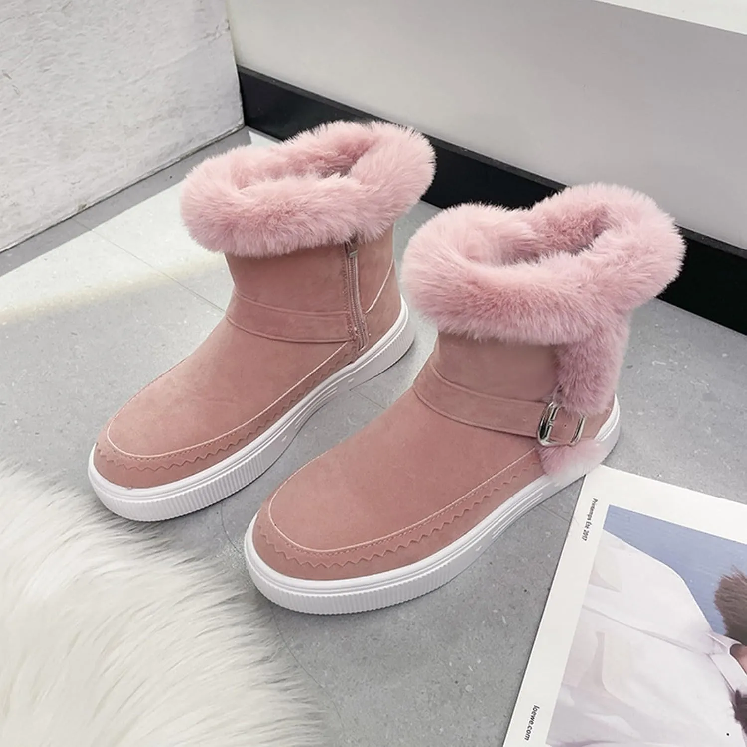 Womens Boots Fuzzy Fur Lined Thick Wedges Fashion Boots for Women Soft Leather Warm Snow Boots for Women