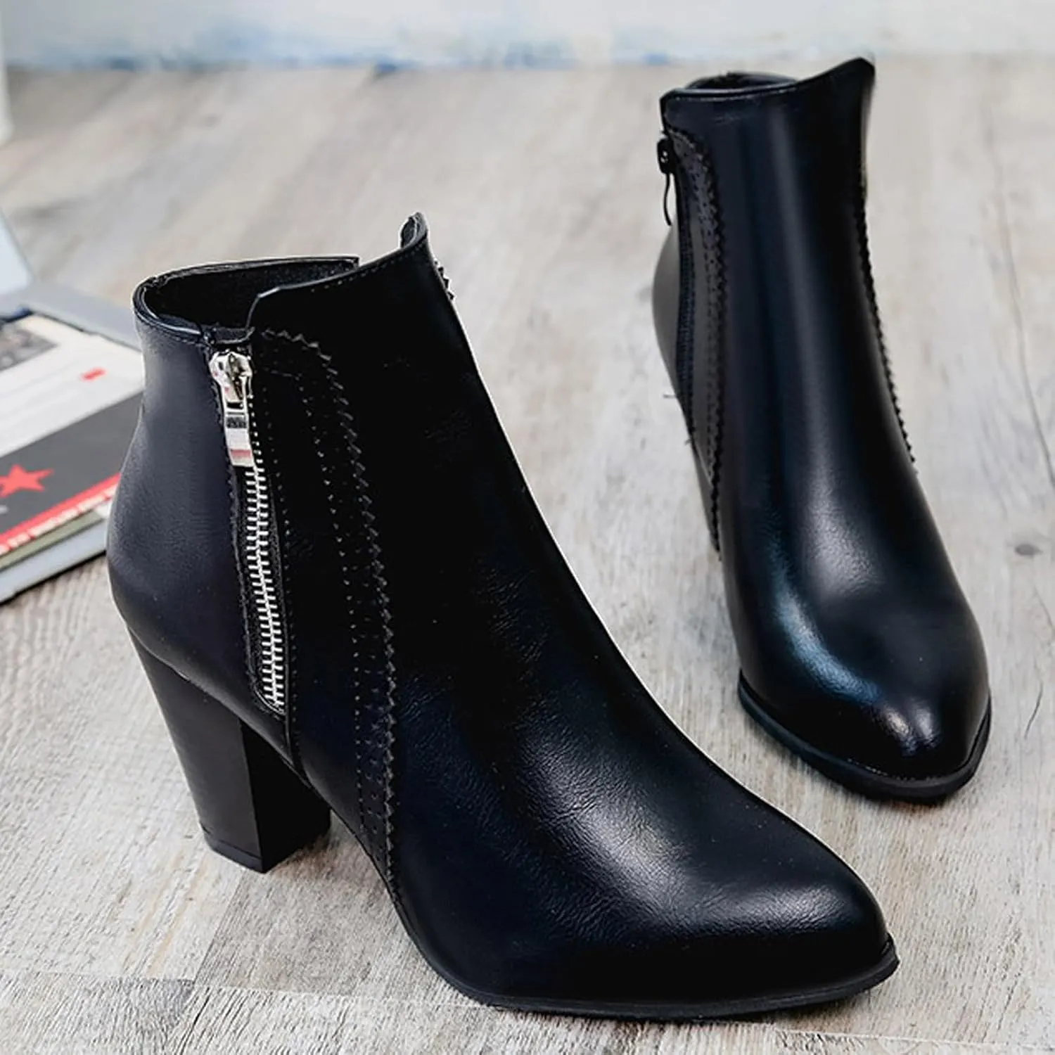 Womens Boots Retro Leisure Square Heels Boots for Women Exquisite Leather Side Zipper Cozy Ankle Boots