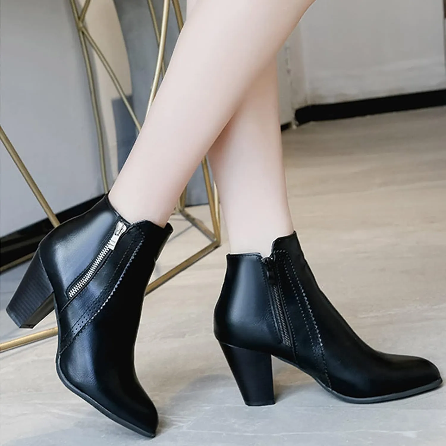Womens Boots Retro Leisure Square Heels Boots for Women Exquisite Leather Side Zipper Cozy Ankle Boots