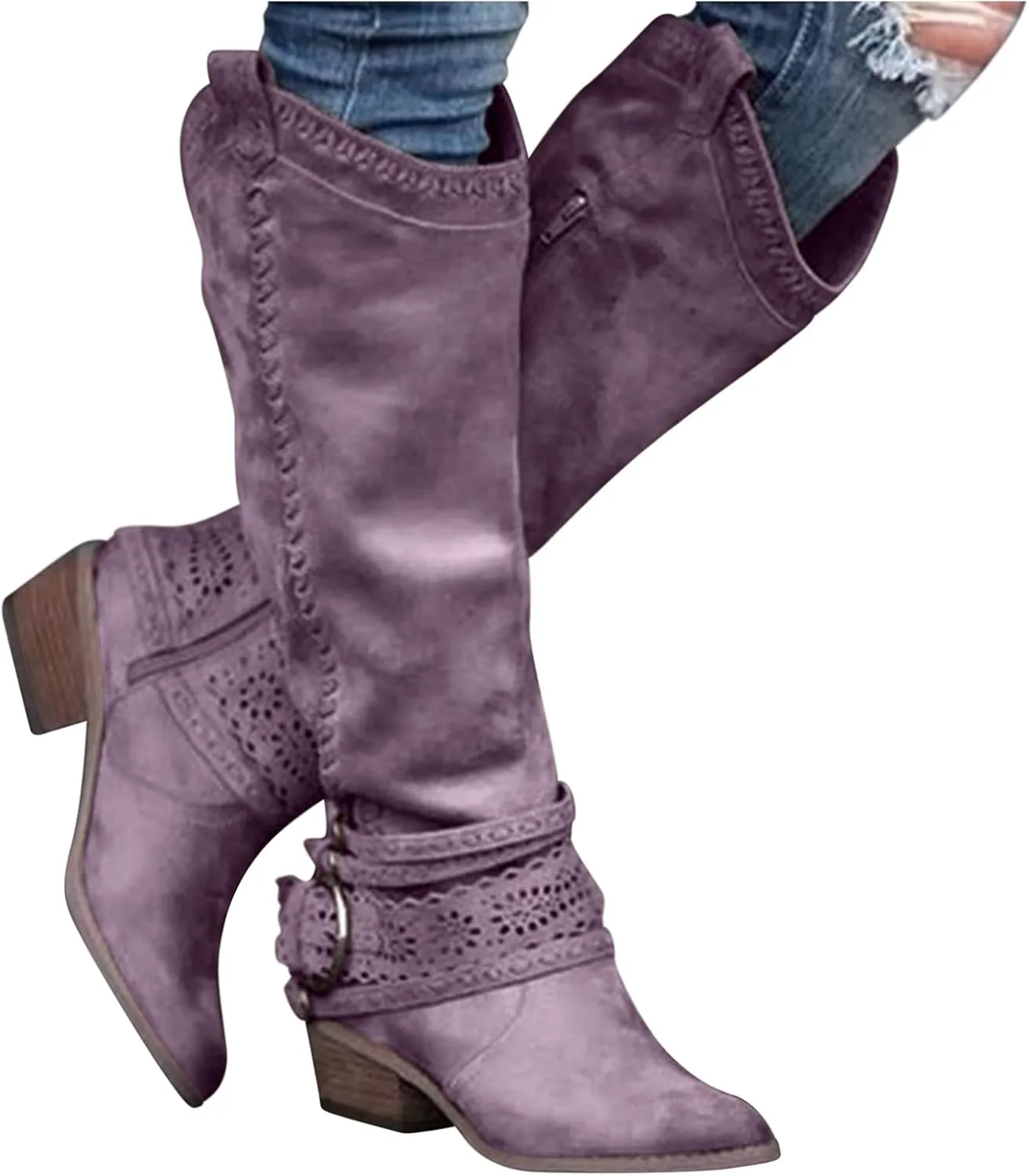 Womens Boots Vintage Buckle Leather Chunky Heels Hollow Boots for Women Round Toe Cozy Mid-Calf Boots
