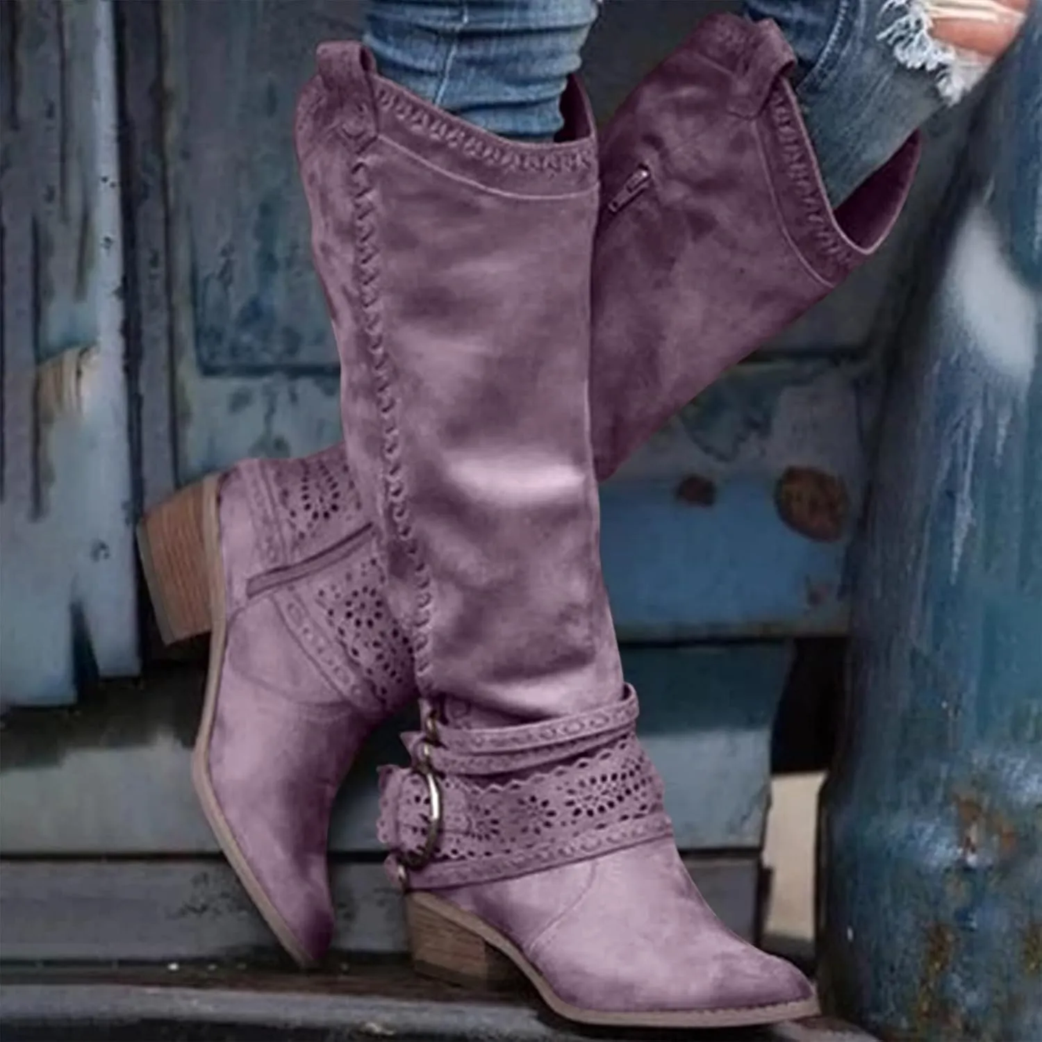 Womens Boots Vintage Buckle Leather Chunky Heels Hollow Boots for Women Round Toe Cozy Mid-Calf Boots
