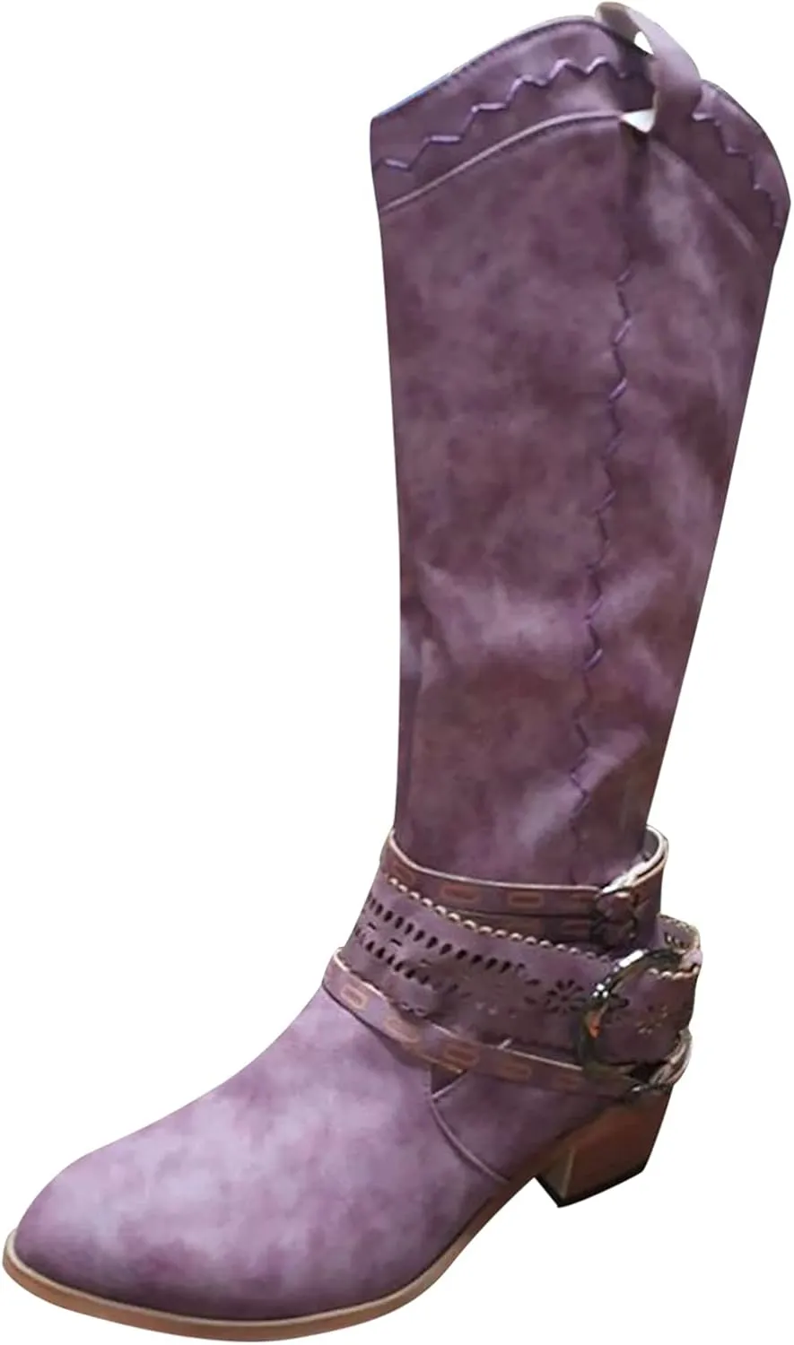 Womens Boots Vintage Buckle Leather Chunky Heels Hollow Boots for Women Round Toe Cozy Mid-Calf Boots