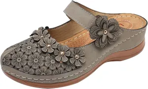 Womens Closed Toe Wedge Sandals Casual Summer Studded Flowers Hollow Hook&Loop Buckle Sandals Summer Cute Comfortable Outdoor Soft Sole Shoes