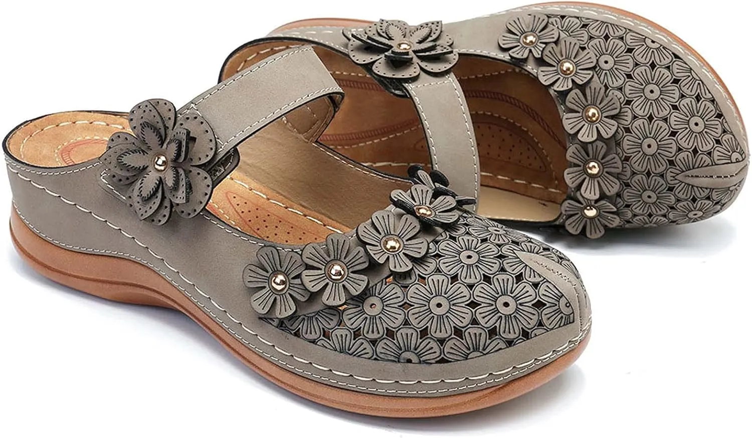 Womens Closed Toe Wedge Sandals Casual Summer Studded Flowers Hollow Hook&Loop Buckle Sandals Summer Cute Comfortable Outdoor Soft Sole Shoes