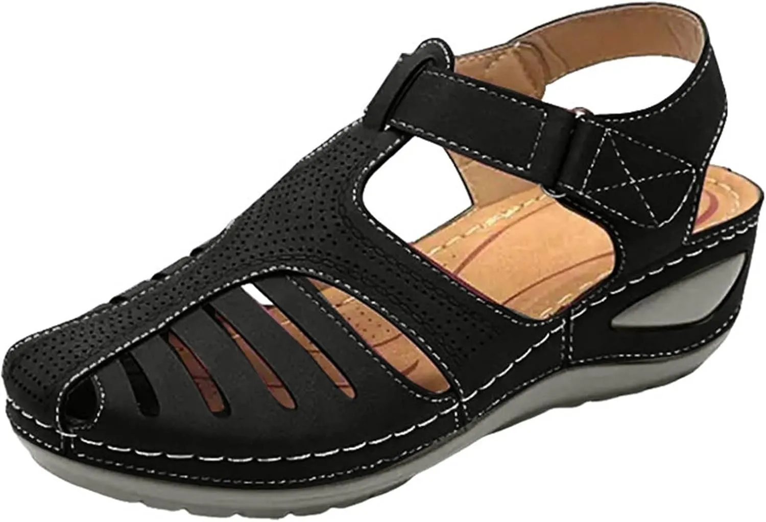 Women's Dressy Casual Black Wedge Sandals for Women, Flat, Open Toe, Slip On, Waterproof, Polyester, Faux Leather, Casual, Wedge Sandals