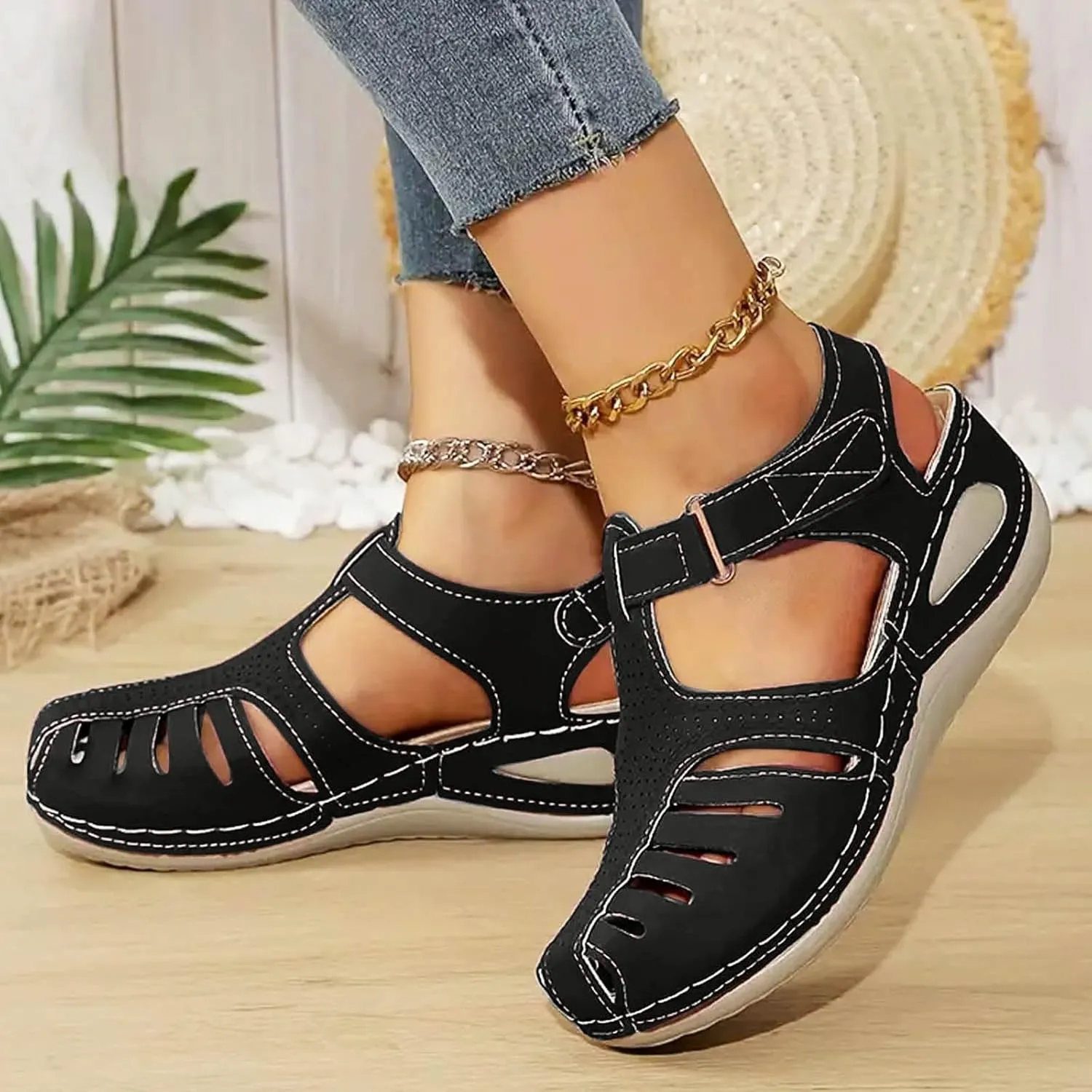 Women's Dressy Casual Black Wedge Sandals for Women, Flat, Open Toe, Slip On, Waterproof, Polyester, Faux Leather, Casual, Wedge Sandals