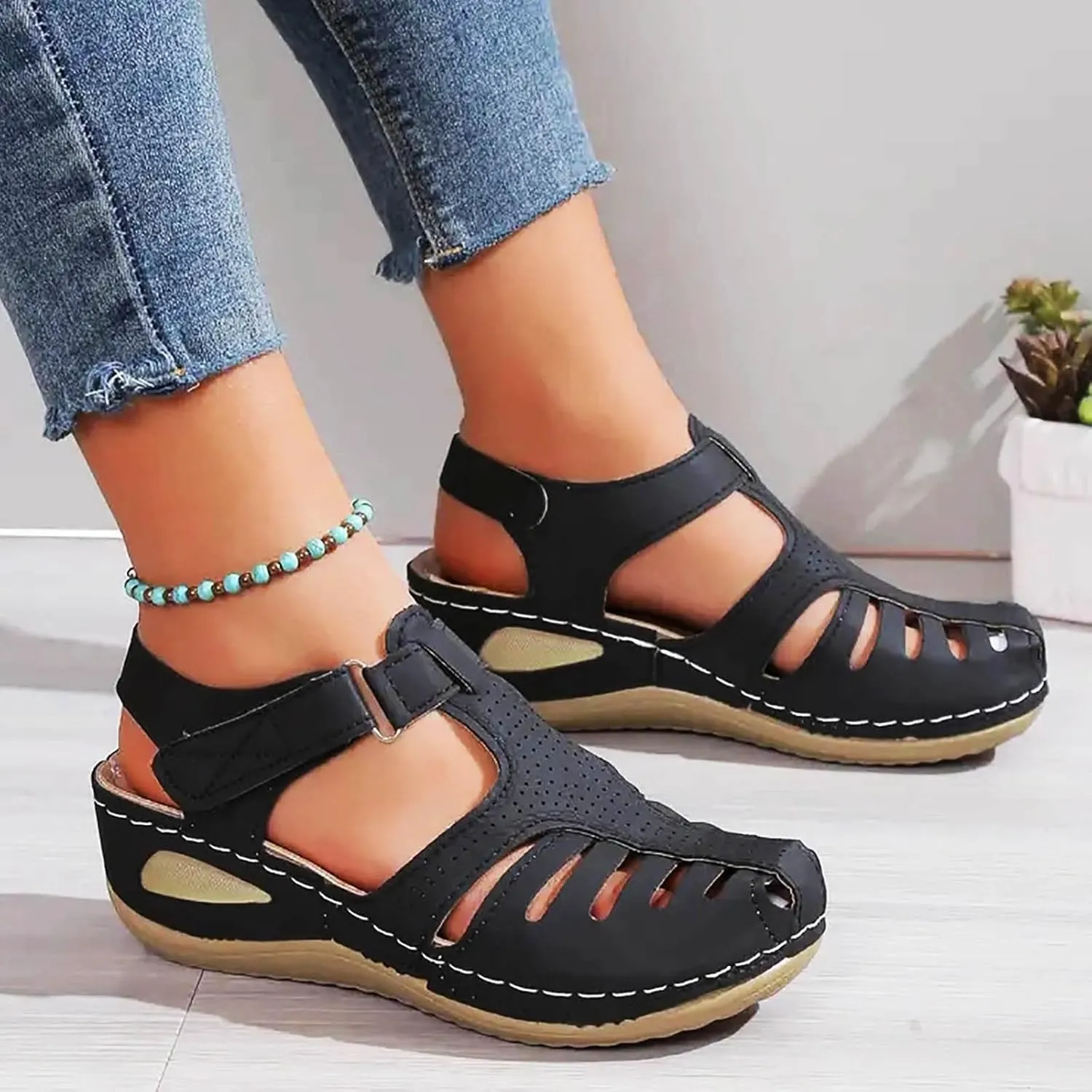 Women's Dressy Casual Black Wedge Sandals for Women, Flat, Open Toe, Slip On, Waterproof, Polyester, Faux Leather, Casual, Wedge Sandals