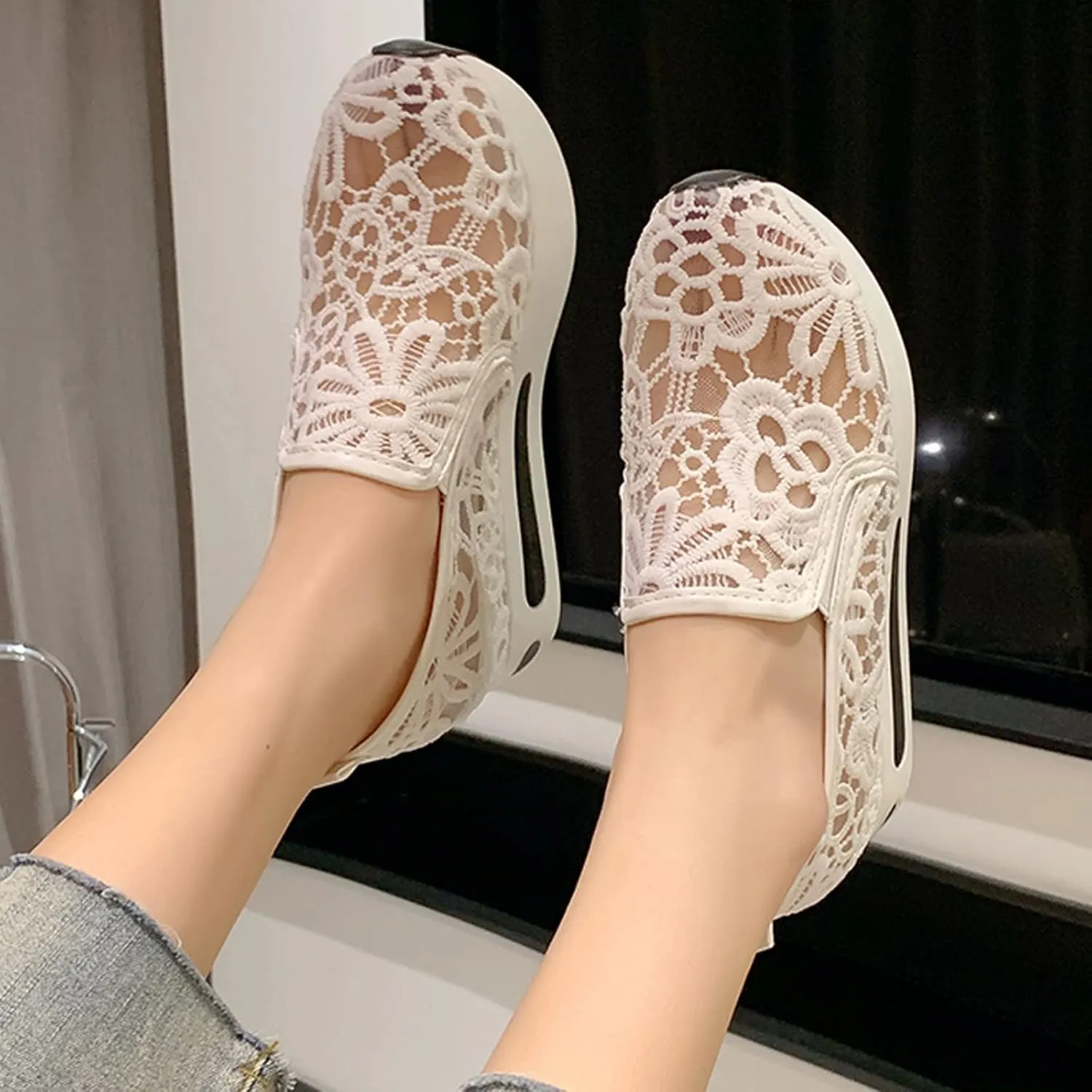 Women's Fashion Canvas Sneakers Mesh Knitted Upper Low Cut Casual Shoes Women's Fashion Sneakers Dressy Floral Embroidery Breathable Sheer Mesh Sneakers Platform Wedge Sneakers Casual Walking Shoes