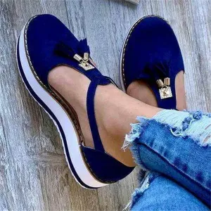 Women's Flatform Sandals Soft Sole Comfy Flats Platform Tassels Canvas Shoes Closed Toe Sandal Summer Casual Suede Loafers,Blue,US7.5/EU39