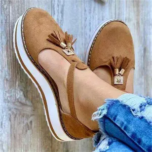 Women's Flatform Sandals Soft Sole Comfy Flats Platform Tassels Canvas Shoes Closed Toe Sandal Summer Casual Suede Loafers,Brown,US6/EU37