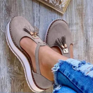 Women's Flatform Sandals Soft Sole Comfy Flats Platform Tassels Canvas Shoes Closed Toe Sandal Summer Casual Suede Loafers,Gray,US10/EU42
