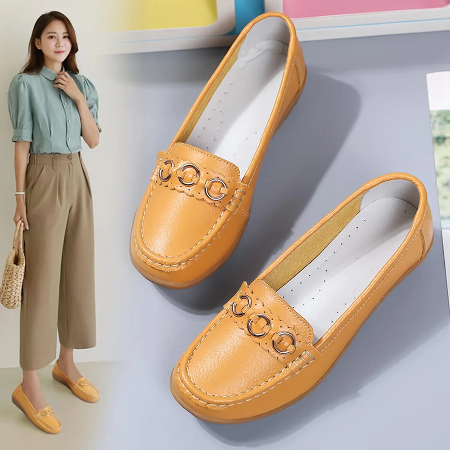 Women's Flats Shoes Casual Slip On Shoes Lightweight Penny Loafers Comfort Wide Loafers with Arch Support