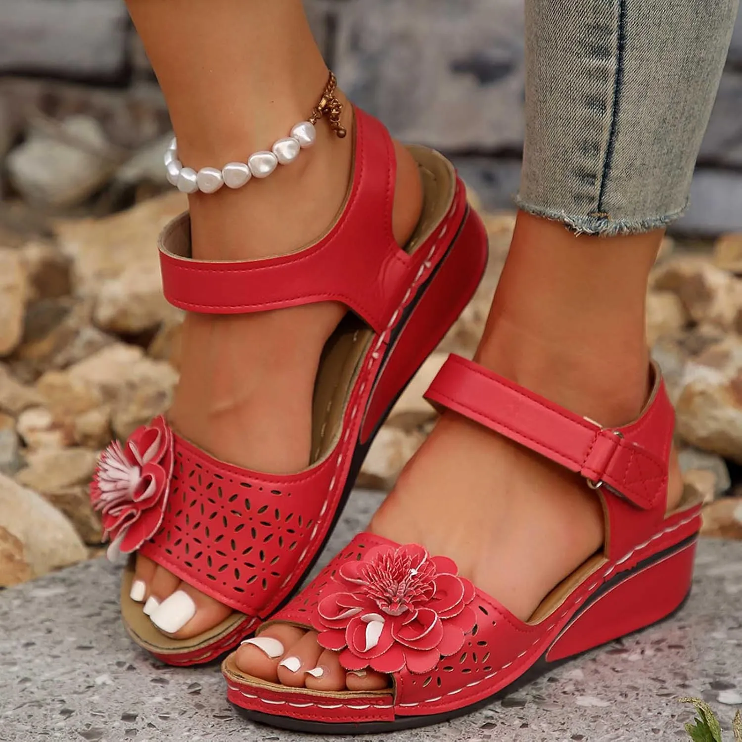 Women's Floral Embellished Wedge Sandal Hook and Loop Solid High Heel Open Toe Casual Trendy Sandals Summer Shoe