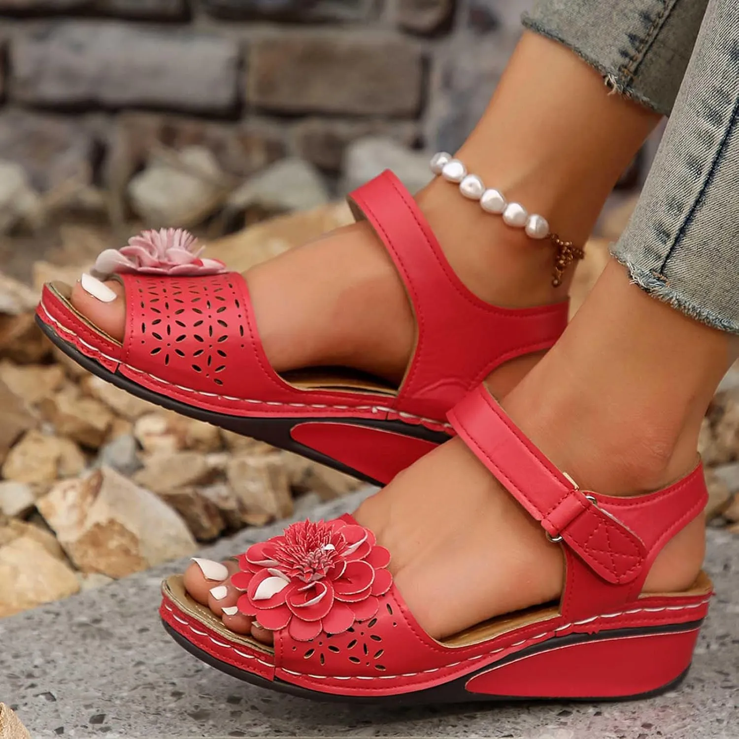 Women's Floral Embellished Wedge Sandal Hook and Loop Solid High Heel Open Toe Casual Trendy Sandals Summer Shoe