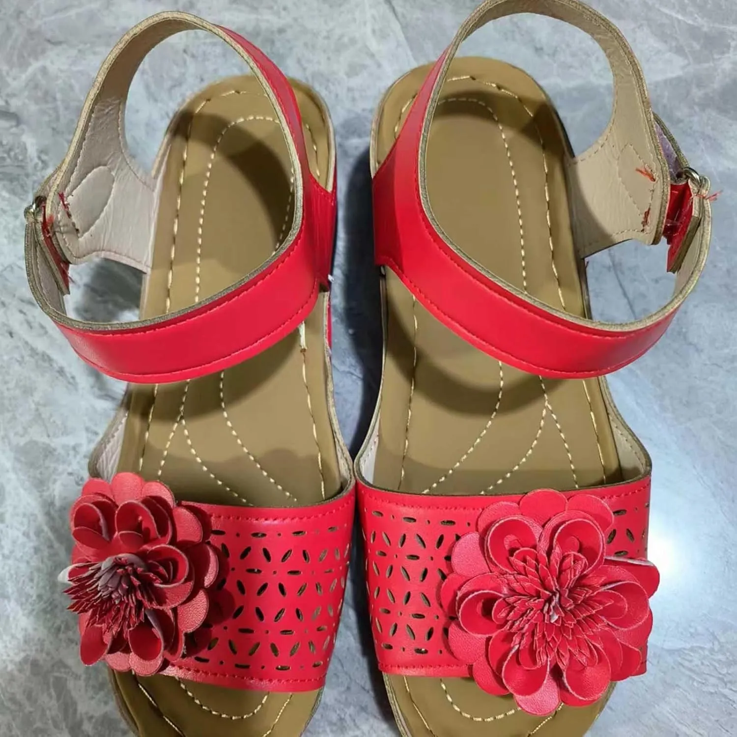Women's Floral Embellished Wedge Sandal Hook and Loop Solid High Heel Open Toe Casual Trendy Sandals Summer Shoe