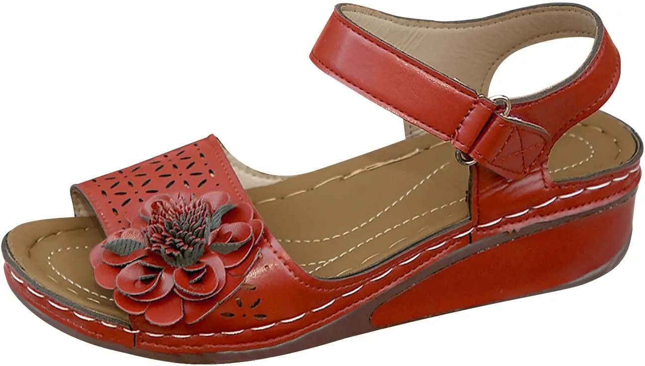 Women's Floral Embellished Wedge Sandal Hook and Loop Solid High Heel Open Toe Casual Trendy Sandals Summer Shoe