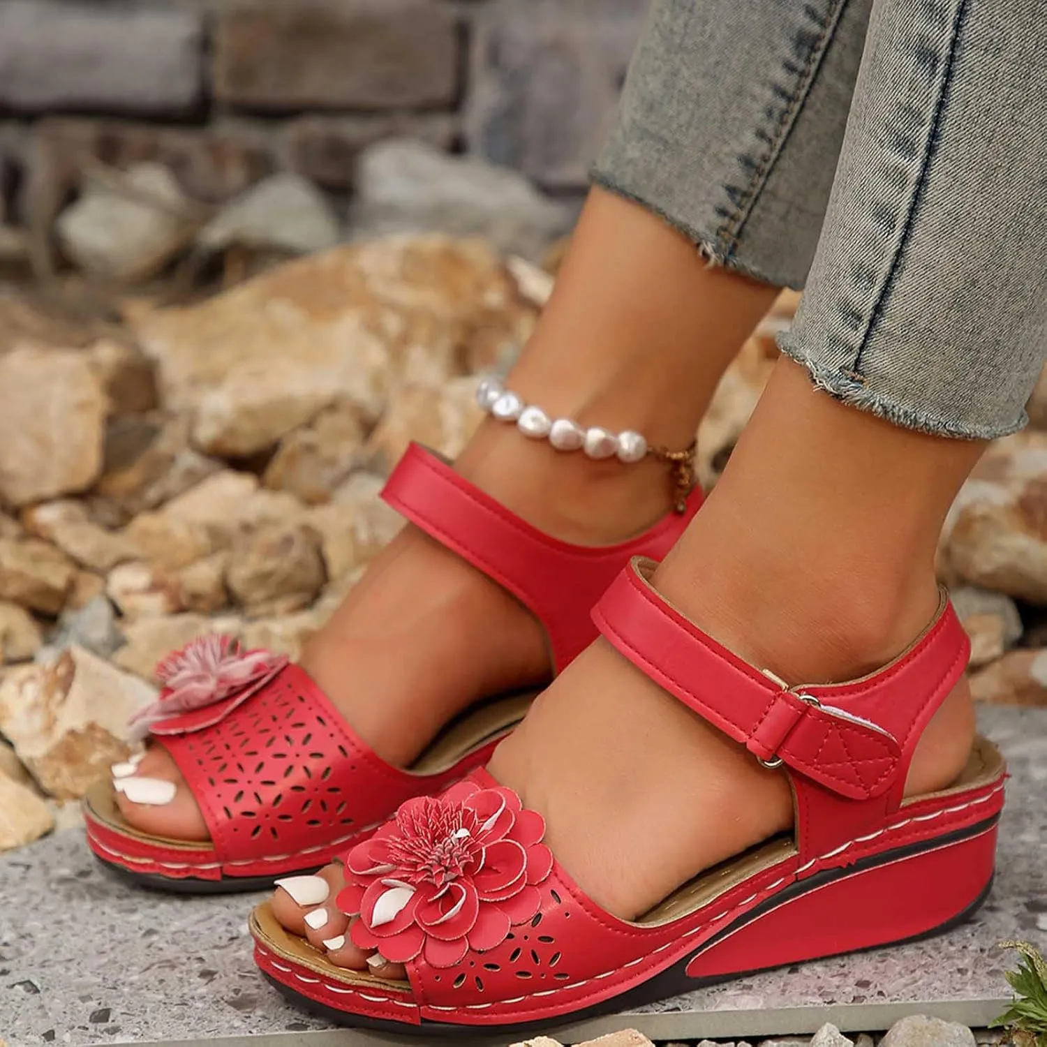 Women's Floral Embellished Wedge Sandal Hook and Loop Solid High Heel Open Toe Casual Trendy Sandals Summer Shoe