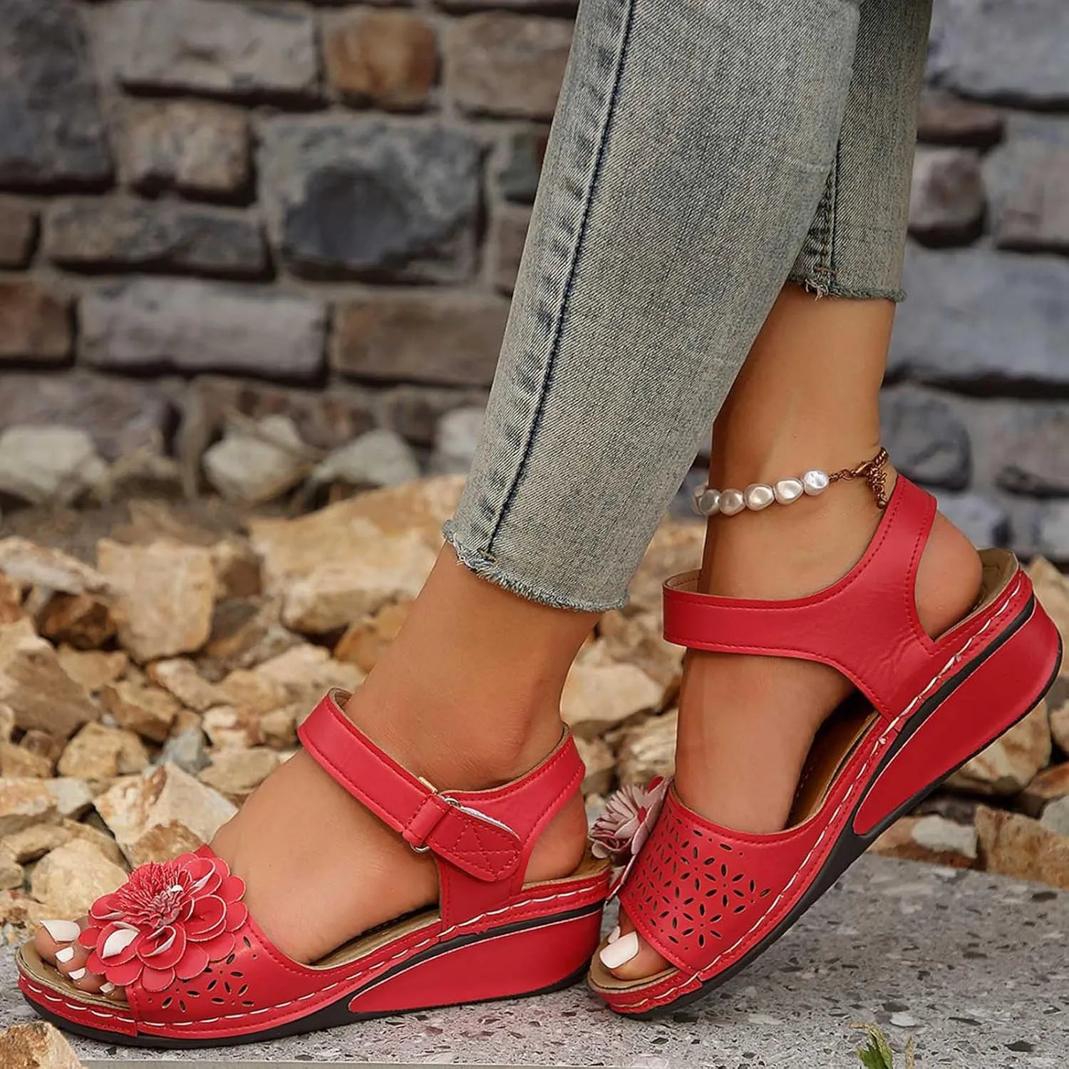 Women's Floral Embellished Wedge Sandal Hook and Loop Solid High Heel Open Toe Casual Trendy Sandals Summer Shoe