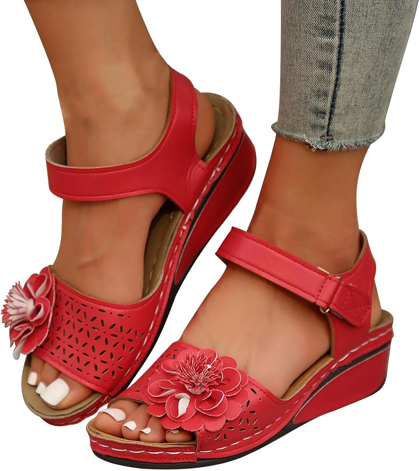 Women's Floral Embellished Wedge Sandal Hook and Loop Solid High Heel Open Toe Casual Trendy Sandals Summer Shoe