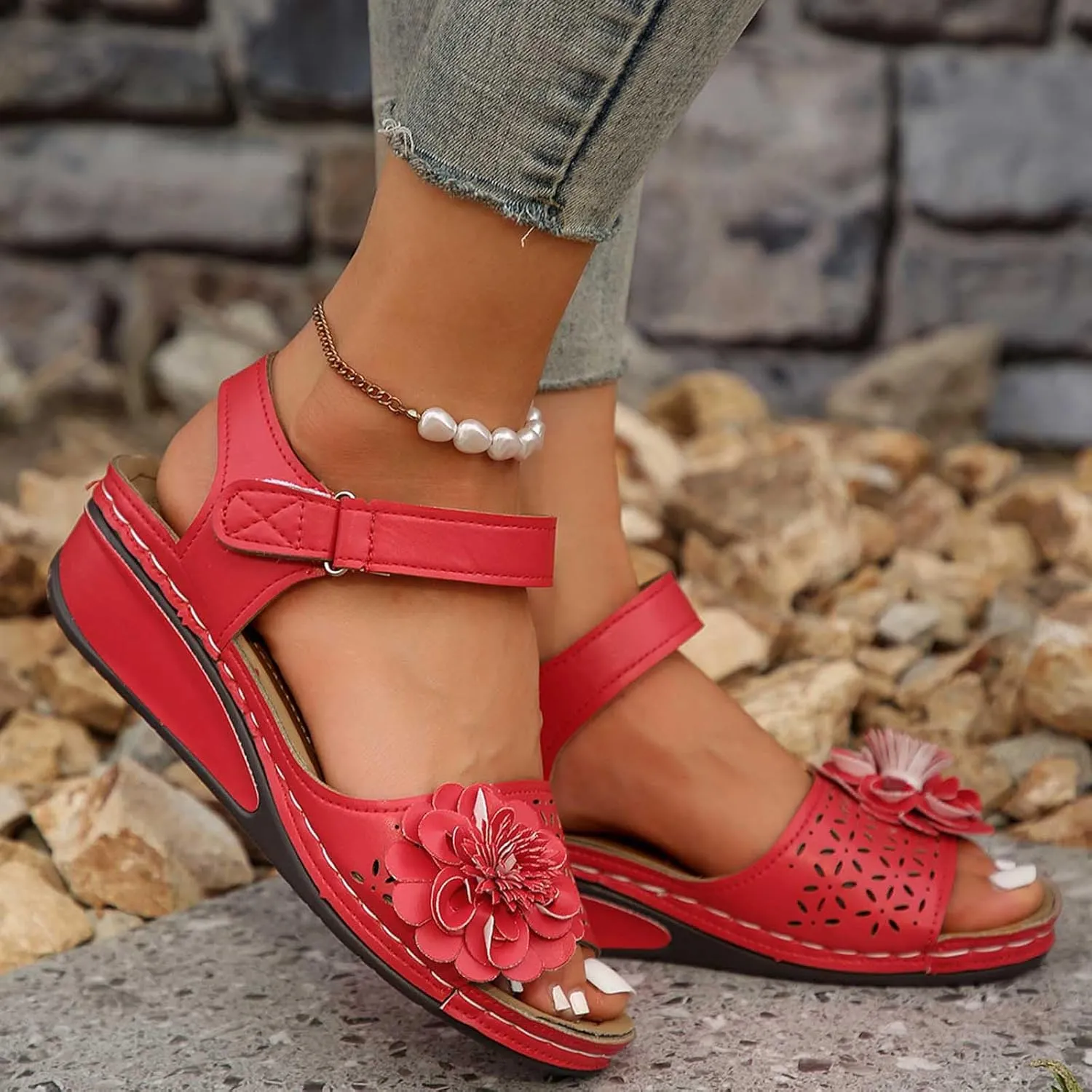 Women's Floral Embellished Wedge Sandal Hook and Loop Solid High Heel Open Toe Casual Trendy Sandals Summer Shoe