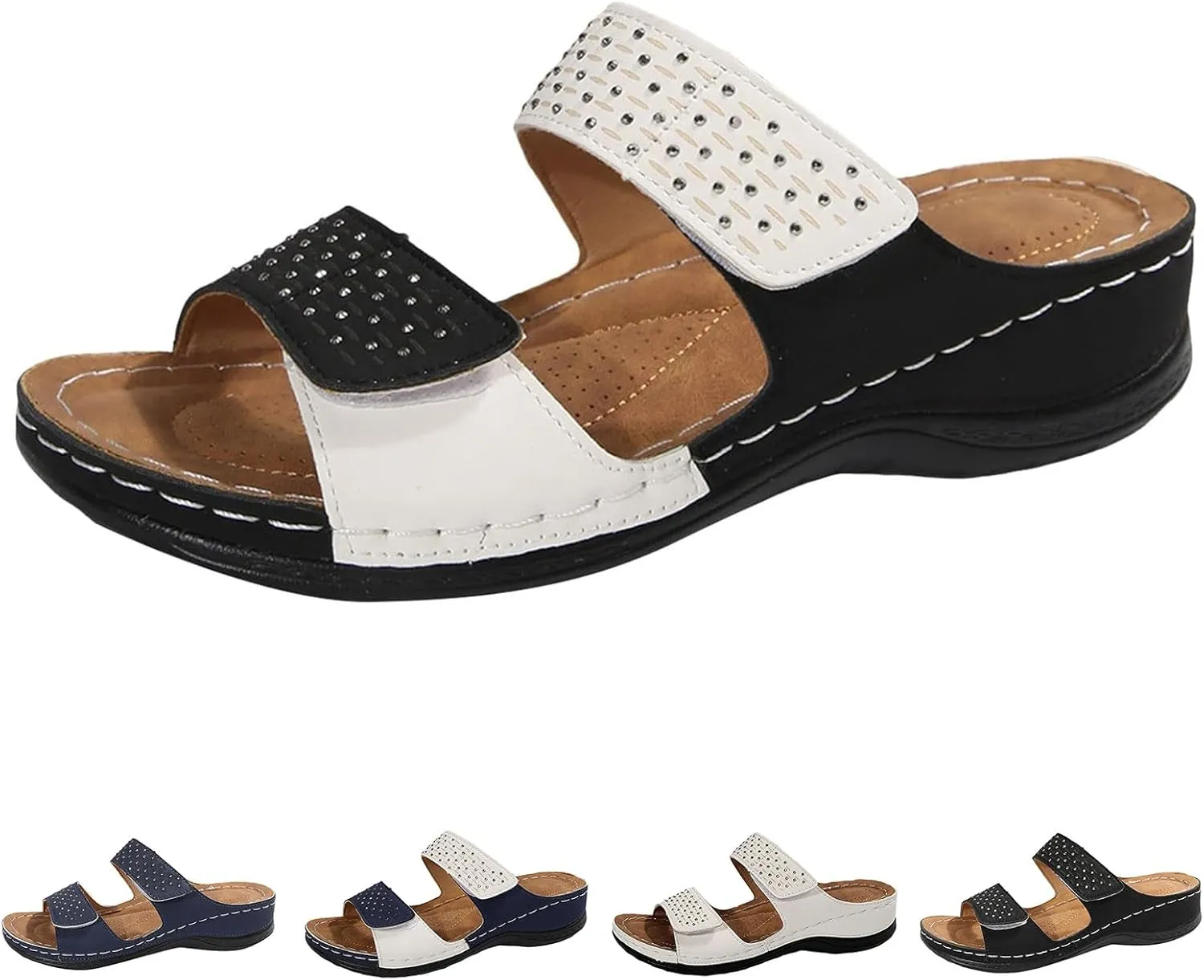 Womens Orthopedic Sandals Arch Support Low Wedge Sandals Open Toe Two Strap Casual Walking Slippers, Summer Casual Comfortable Slip On Beach Sandal Holiday Outdoor