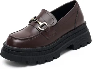 Women's Platform Loafers Slip-On Chunky Heel Shoes with Metal Buckle - Black/Brown - Fashion and Comfortable Footwear
