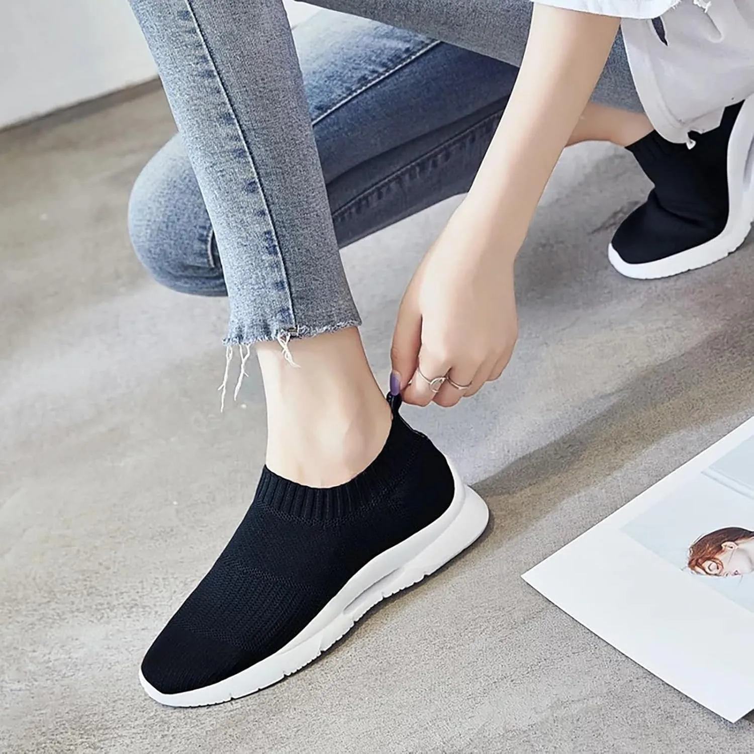 Womens Walking Shoes Sock Casual Ladies Fashion Sneakers Non Slip Work Shoes Women Comfort Casual Shoes for Fall Black Sneakers Red Tennis Shoe Loafers Casual Slip On