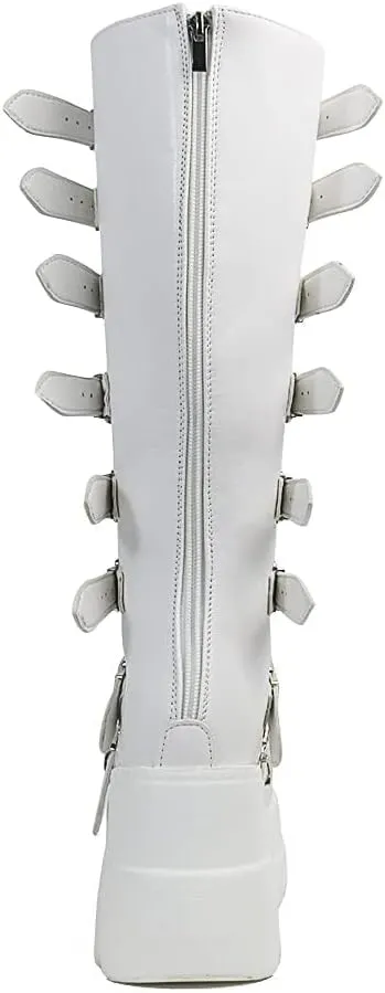 Womens Wedge Platform Knee High Boots Round Toe Zip Combat Goth Punk Motorcycle Booties Zip up With Metal Buckles